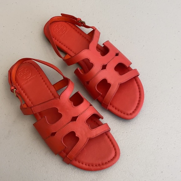 Tory Burch Logo Cutout Slingback Sandal Red Orange - Picture 4 of 12